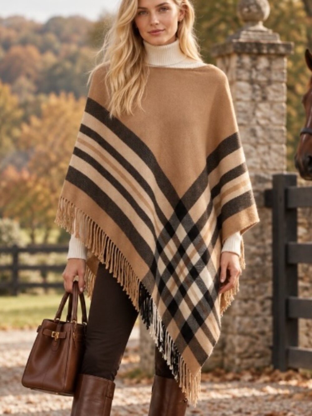 V.Fraas women's oversized poncho/wrap camel/black plaid equestrian preppy 0S